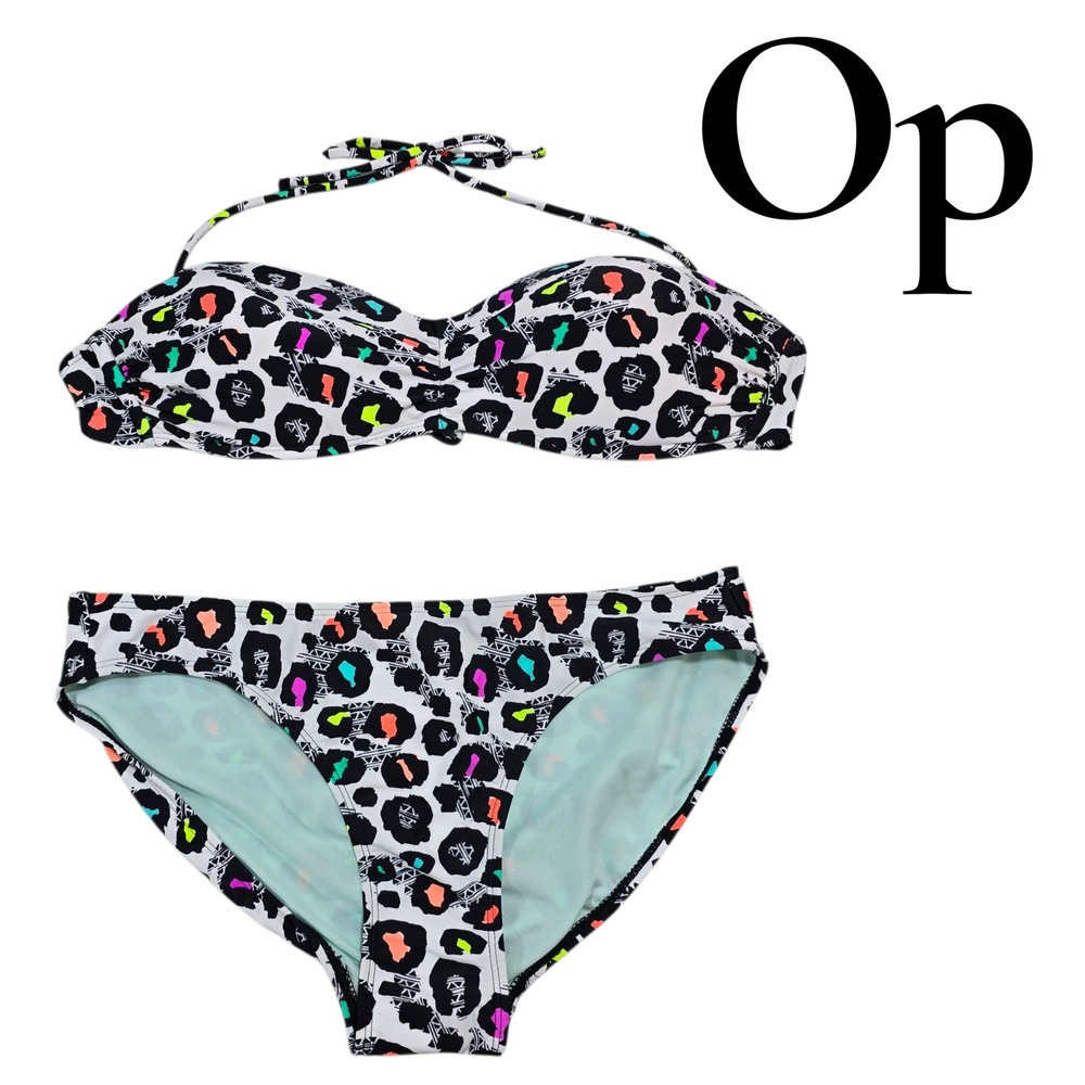 Op Bikini Set‎ Womens L Large White Neon Leopard Animal Print Tribal Bandeau 80s